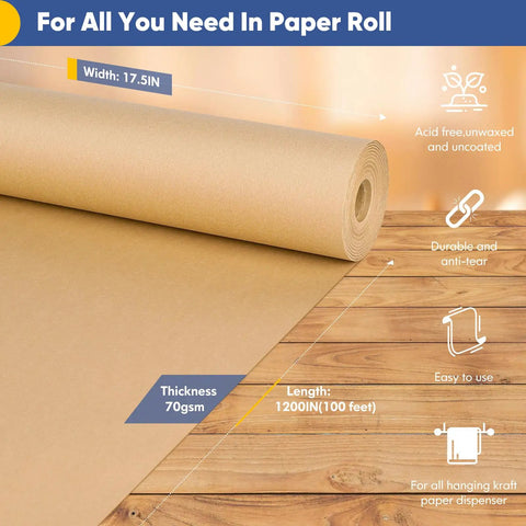 Brown Kraft Wrapping Paper Roll 17.5 x 1200 Inches Non Coated Craft Packing Paper 70 GSM 100 Percent Recycled displayed unrolled