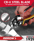 Close-up of Left Straight Right Tin Snips Set 8 Inch cutting metal sheet, featuring CR-V steel blade for precision and durability
