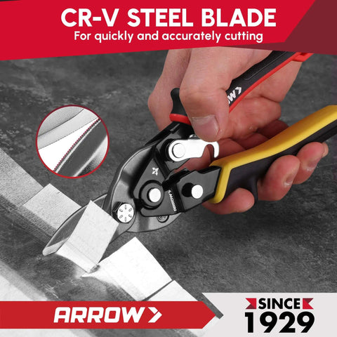 Close-up of Left Straight Right Tin Snips Set 8 Inch cutting metal sheet, featuring CR-V steel blade for precision and durability