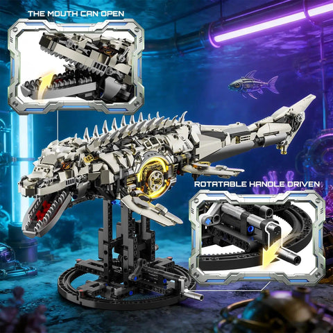 Myth Qholve Mechanical Mosasaurus Building Block Set With Precision Gear System And Hand Crank Motion Awesome Premium Display Model For STEM Learning Collectors And Interactive Display Stand Included, showcasing dynamic jaw and gear system in detailed view.