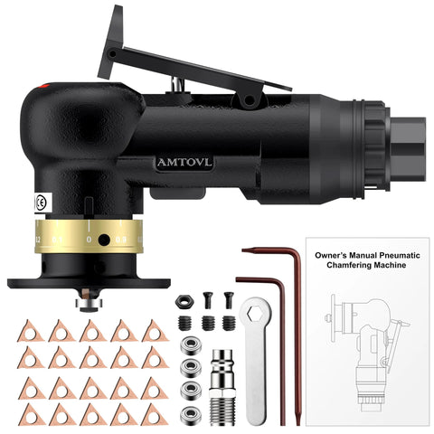 AMTOVL pneumatic chamfering tool side view; black body, gold dial, 1/4" air inlet, with 20 blades and kit.