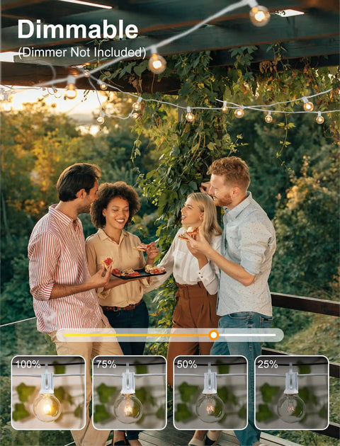 People enjoying a party under Outdoor String Lights 25 Feet G40 Globe Bulbs With 27 Edison Glass Bulbs Plus 2 Spares, dimmable.