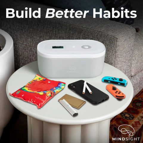Chill Out Tech Detox Lock Box And Snack Stash Keeper With Three Willpower Modes To Kick Screen Time Habits And Beat Midnight Cravings on a table with snacks and devices.