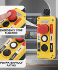 Built Like A Tank Three Button Electric Hoist Crane Push Button Switch Featuring Reliable E Stop Control And Fully Submersible IP68 Waterproof Design For Daily Grind Workloads close-up on emergency stop button and waterproof features.