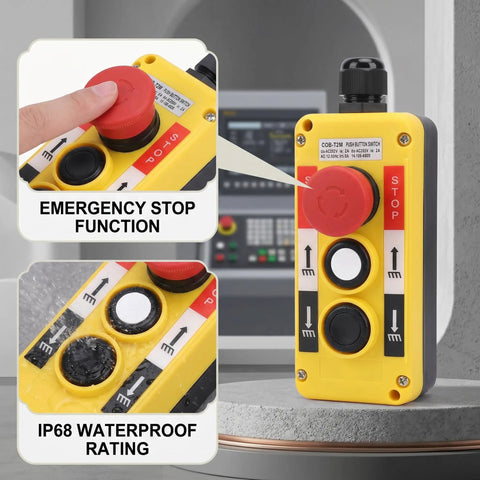 Built Like A Tank Three Button Electric Hoist Crane Push Button Switch Featuring Reliable E Stop Control And Fully Submersible IP68 Waterproof Design For Daily Grind Workloads close-up on emergency stop button and waterproof features.