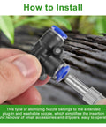 Hand holding Brass Misting Nozzles Kit 30 Pcs With Filter Mesh 1/4 Inch Tee Fittings near installation guide text
