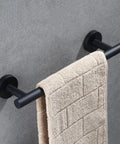 Matte Black Towel Bar For Bathroom, 24 Inch Wall Mounted Stainless Steel Rod, SUS304, holding beige towel, side view