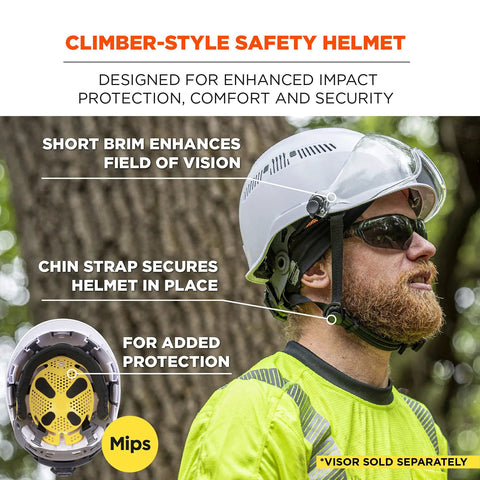 Man wearing MIPS Safety Helmet with Climbing Style Worksite Ready Ventilated Hard Hat for Angled Impact Protection and EN 12492 Compliance Class C White Medium Built For Tough Worksites And All Day Comfort