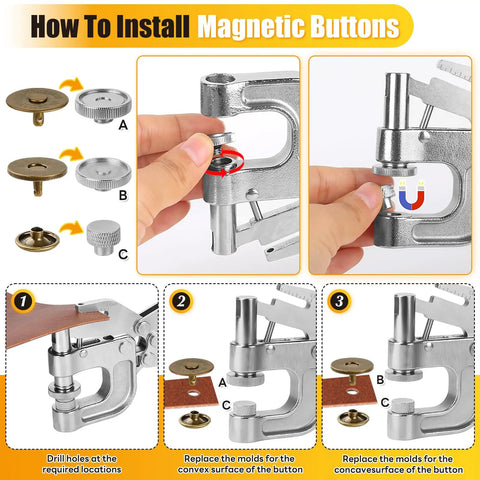 Heavy Duty Snap Button Press Kit With Carbon Steel Pliers Including 160 Leather Rivets 20 Magnetic Snaps And 40 Leather Snaps steps