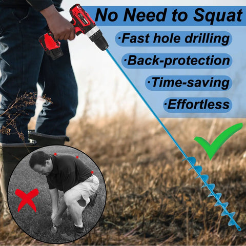 32 Inch Garden Auger Drill Bit With Long Handle For Planting Bulbs demonstration of easy back-saving hole digging