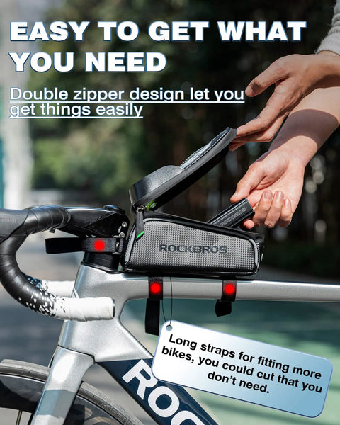 Person accessing Waterproof Front Frame Bike Bag For Phone Under 7 Inches Large Tube Pouch For Cycling Essentials Grab And Go Easy Access Pouch That Fits All Frames Shake Proof Design For Phone Battery Keys Gel Pump And More on bike.