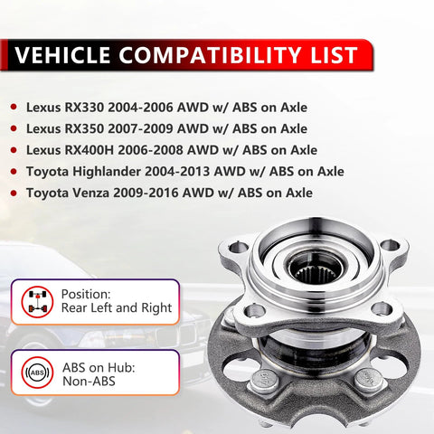 Alloy AWD Rear Wheel Hub Bearing Assembly Direct Fit For Lexus RX Series RX330 RX350 RX400H And Toyota Highlander Venza 2004 To 2016