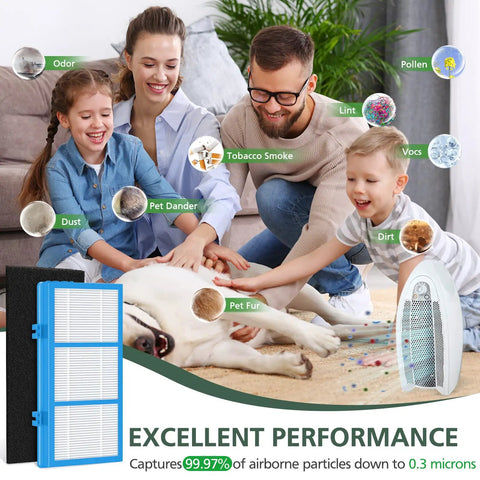 Family playing with dog showing Must Have True HEPA Filter Kit With Carbon Boosters For Aer1 Total Air Purifiers capturing particles.