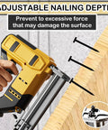 Close-up of Real Deal Hella Reliable Cordless 18 Gauge Brad Nailer showing adjustable nailing depth feature for DIY projects.