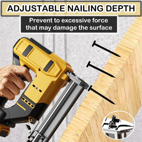 Close-up of Real Deal Hella Reliable Cordless 18 Gauge Brad Nailer showing adjustable nailing depth feature for DIY projects.