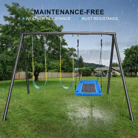 Heavy Duty Swing Set With 600Lb Capacity for Backyard Fun, A Frame Metal Swing Set With 1 Platform Swing and 2 Belt Swings