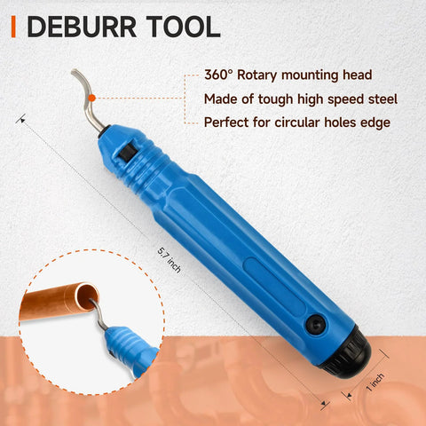 iCrimp copper pipe pressing tool kit with cutter and deburring tool, blue handle, 5.7-inch length.