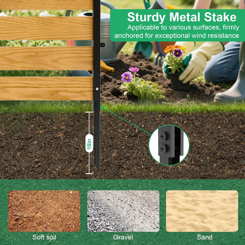 Side view of No Dig Wood Privacy Screen Fence Panel For Backyard with metal stake in garden soil.