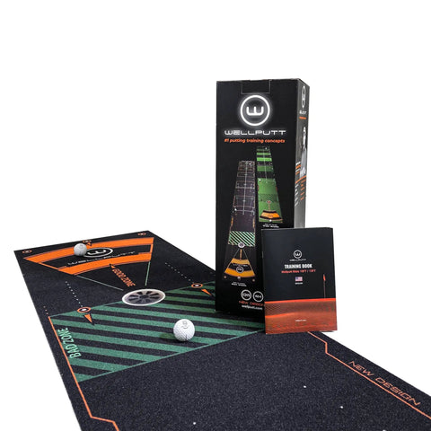 13-Foot Golf Putting Training Mat in black with pro grade green replication and eye positioning alignment aids, boxed and unboxed