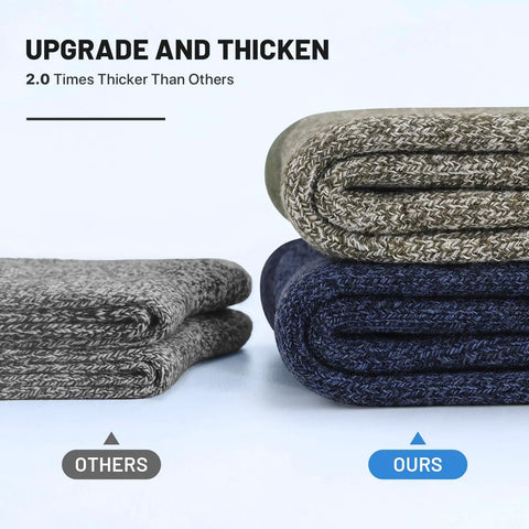 Comparison of Five Pairs Merino Wool Socks for Men Ultra Thick Thermal Hiking Socks for Cold Weather with others, showing thickness.