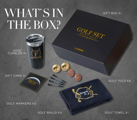 Dope Personalized Golf Gifts For Men And Women With Initials Monogrammed Accessories For Golfers 20oz Tumbler With Gold Foil Initial Luxury Golf Set Gift For Birthday And Christmas showing 11-piece set with tumbler, towel, tees, markers, and box.