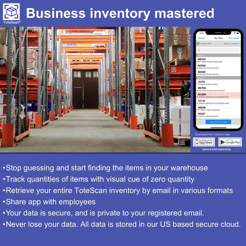 Warehouse aisle with shelves and ToteScan app interface; Smart QR Label Set for Go-To Organization Moving and Storage visible on phone screen