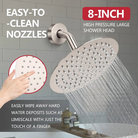 8-inch high pressure shower head with easy-to-clean nozzles from Tub Shower Faucet Set With Valve, in brushed nickel finish