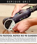 Close-up of Beefy 3.5 Inch 7 Hole 60 Grit Sanding Discs on Festool Rotex RO 90 Sander, showing hook-and-loop attachment.
