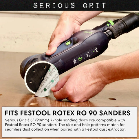 Close-up of Beefy 3.5 Inch 7 Hole 60 Grit Sanding Discs on Festool Rotex RO 90 Sander, showing hook-and-loop attachment.