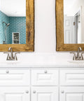 Dual bathroom vanity with white cabinets fitted with 30 Pack Brushed Nickel Drawer Knobs 1-1/4 Inch Solid Round Cabinet Knobs.