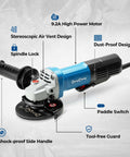 4-1/2-Inch Corded Angle Grinder 1100W 11800RPM Pure Copper Motor with paddle switch and shockproof handle detail.