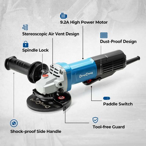 4-1/2-Inch Corded Angle Grinder 1100W 11800RPM Pure Copper Motor with paddle switch and shockproof handle detail.