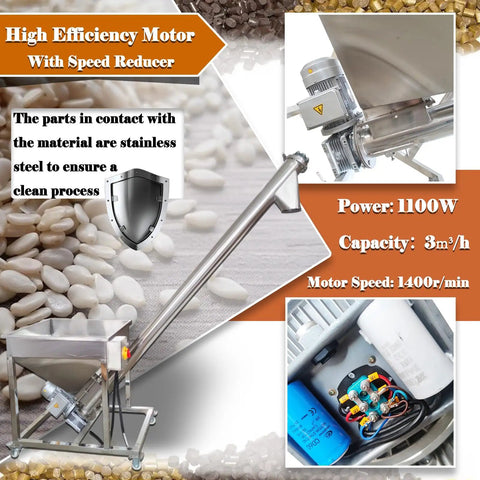 Heavy Duty Automatic Screw Feeder And Stainless Steel Powder Conveyor With Vibrating Hopper For Spices And Granules showcasing high efficiency motor and stainless steel parts.