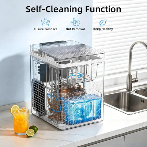 Compact Countertop Ice Maker With One Touch Auto Clean System That Skips The Grunt Work Cools Down Fast And Spits Out Crisp Crystal Clear Ice on kitchen counter
