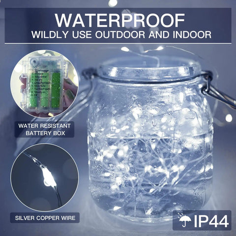 66Ft 200 LED Outdoor String Lights With Battery Pack And Remote Waterproof Fairy Lights displayed in a jar with IP44 battery box