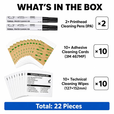 No Stress Printer Cleaning Kit For Id Card Makers Featuring Two Printhead Pens Ten Sticky Cleaning Cards And Pre Saturated Wipes To Keep Your Rig Running Tight Daily showing contents including pens and wipes.