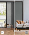 Adjustable Sliding Panel Track Door Blinds For Sliding Glass Doors, Cordless 4-Panel System Extends, installed in living room