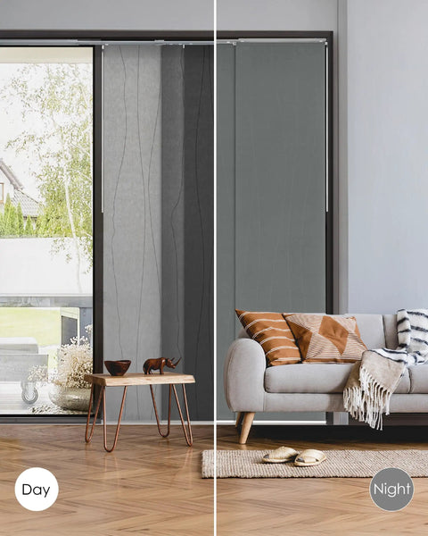 Adjustable Sliding Panel Track Door Blinds For Sliding Glass Doors, Cordless 4-Panel System Extends, installed in living room