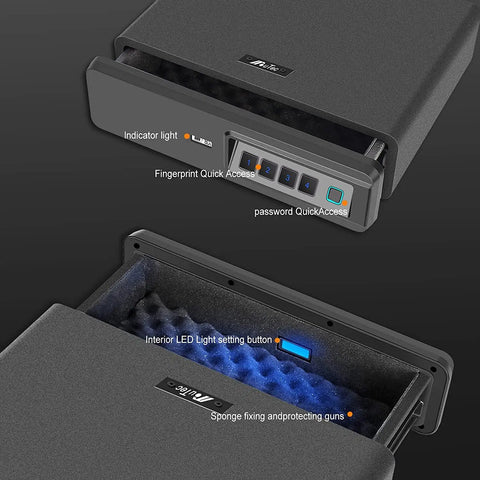 Biometric Gun Safe For Two Pistols, Slide Away Drawer Safe With Grab-And-Go Quick Access Biometric Scanner, open view