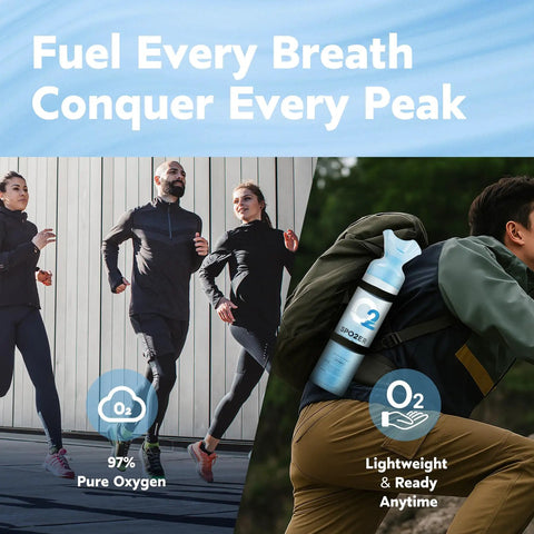 Athletes running and hiking supported by Portable 10 Liter Oxygen Canisters With Leak Proof Mask 97 Percent Pure O2 Oxygen Tank
