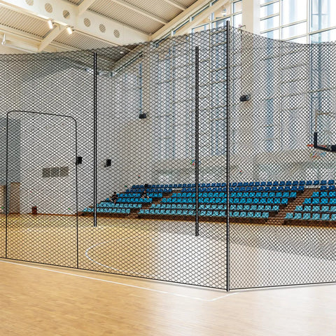 Indoor display of Backyard Batting Cage Net 55 Feet for Baseball and Softball Enclosed Training Heavy Duty Outdoor Pitching Net