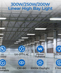 Built Different 3 Foot Led Linear High Bay Light With No Sweat Plug And Play Hookup And Adjustable 300W 250W Or 200W Power installed in a spacious warehouse.