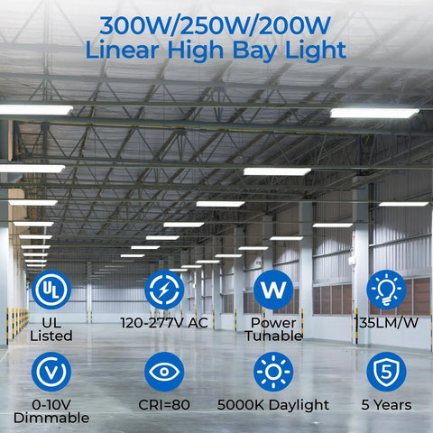 Built Different 3 Foot Led Linear High Bay Light With No Sweat Plug And Play Hookup And Adjustable 300W 250W Or 200W Power installed in a spacious warehouse.