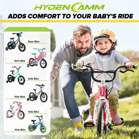 Father helping child ride a bike with a selection of kids bikes shown, promoting comfort for young riders.