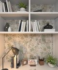 Bookshelf with kid friendly peel and stick wallpaper with boho woodland forest vibe for cabinets and nursery walls, decor for bedroom.