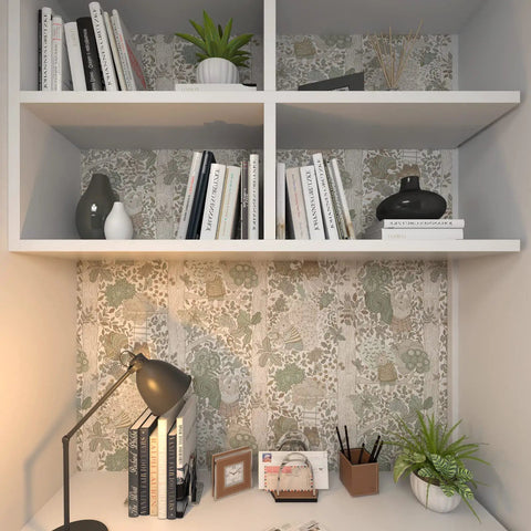 Bookshelf with kid friendly peel and stick wallpaper with boho woodland forest vibe for cabinets and nursery walls, decor for bedroom.