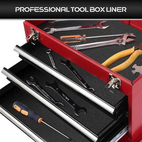 Heavy Duty Tool Box Liner 16 Inch By 16 Foot Roll 3mm Thick Non Slip Grid Line Drawer Mat installed in red tool box