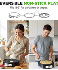 Electric Crepe Maker And Griddle 12 Inch Nonstick Reversible Hot Plate with LED Indicator Lights in kitchen setting
