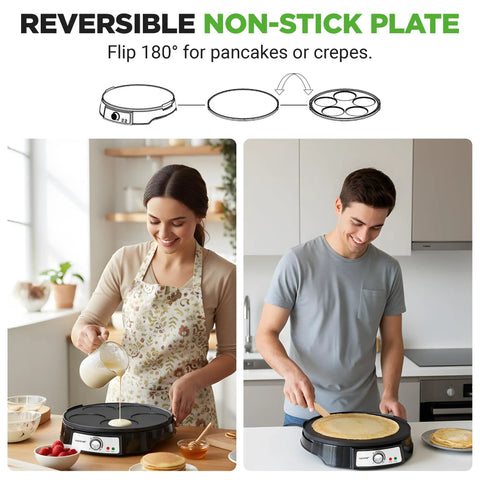 Electric Crepe Maker And Griddle 12 Inch Nonstick Reversible Hot Plate with LED Indicator Lights in kitchen setting