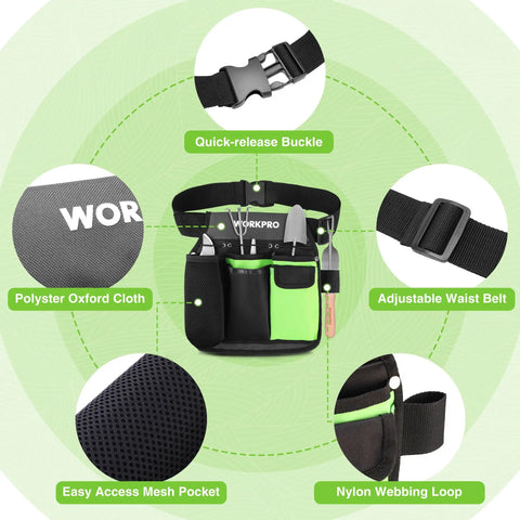 Five-Pocket Garden Tool Belt With Adjustable Go-To Waist Strap for Women, showing pockets, buckle, and mesh details.
